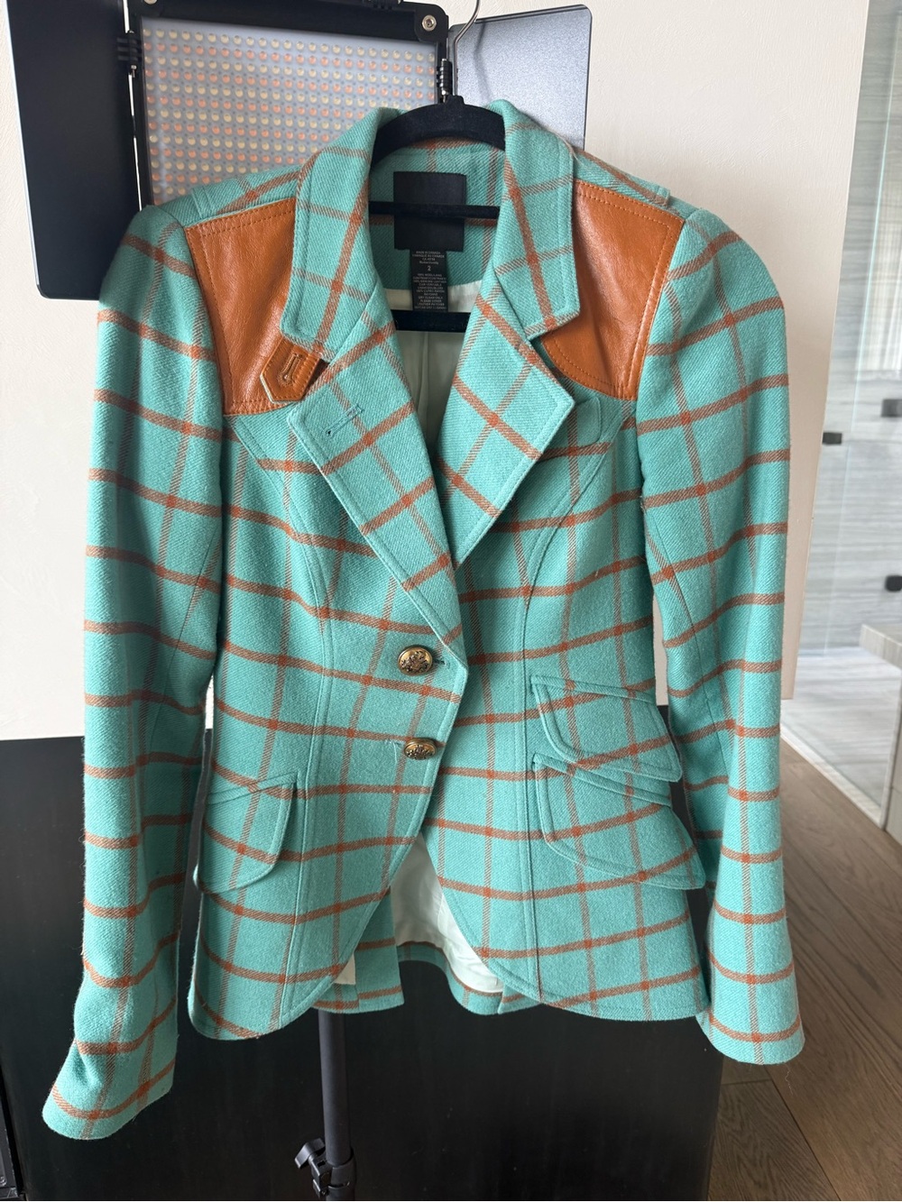 Smythe Teal Plaid Blazer with Tan Leather Shoulders